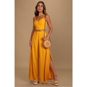 NWT Lulus Out Tonight Mustard Yellow Wide Leg Two Piece Set Size XXL